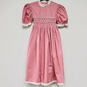 Hand Made Pink Smocked Dress Lace Trim Button Detail Puff Sleeve Tie Waist